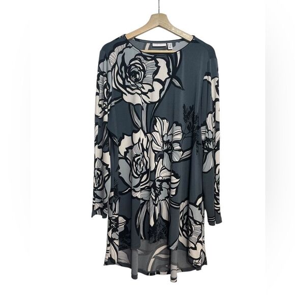 Susan Graver Grey Floral Dress 1X - Picture 1 of 6